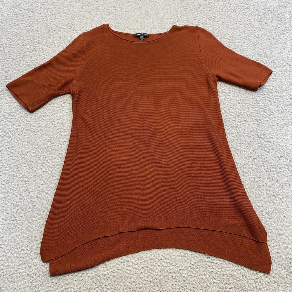 Eileen Fisher Shirt Womens XS Rust‎ Tencel Lyocell Tunic High Low Hem Made USA
